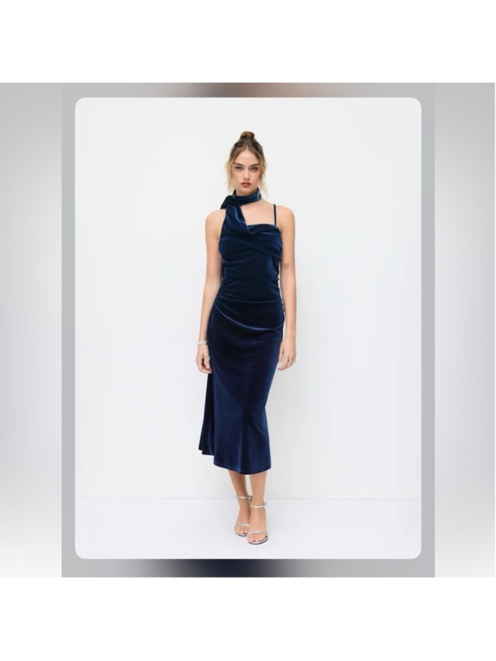 Cider VELVET HALTER NECKLINE RUCHED CAMI MAXI DRESS WITH SCARF L CR2-2